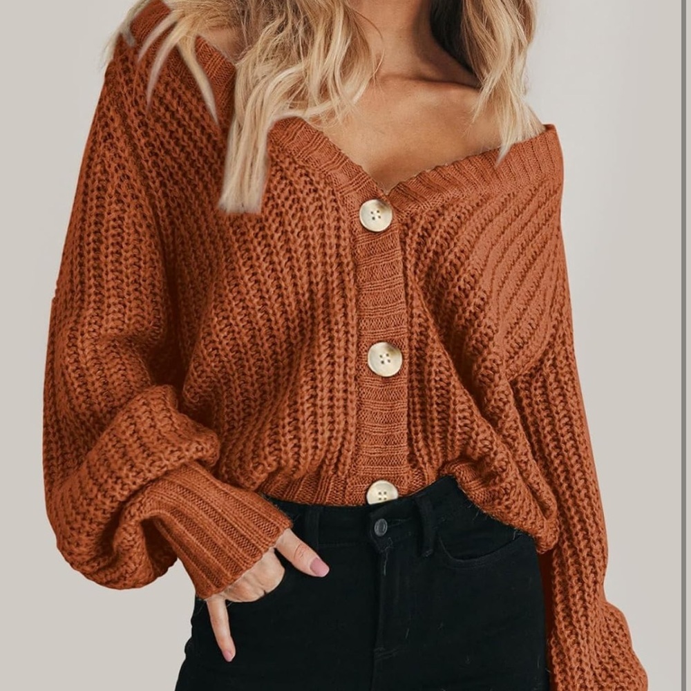 Oversized V-Neck Button Cardigan Sweater - Rust Orange - Picture 3 of 6